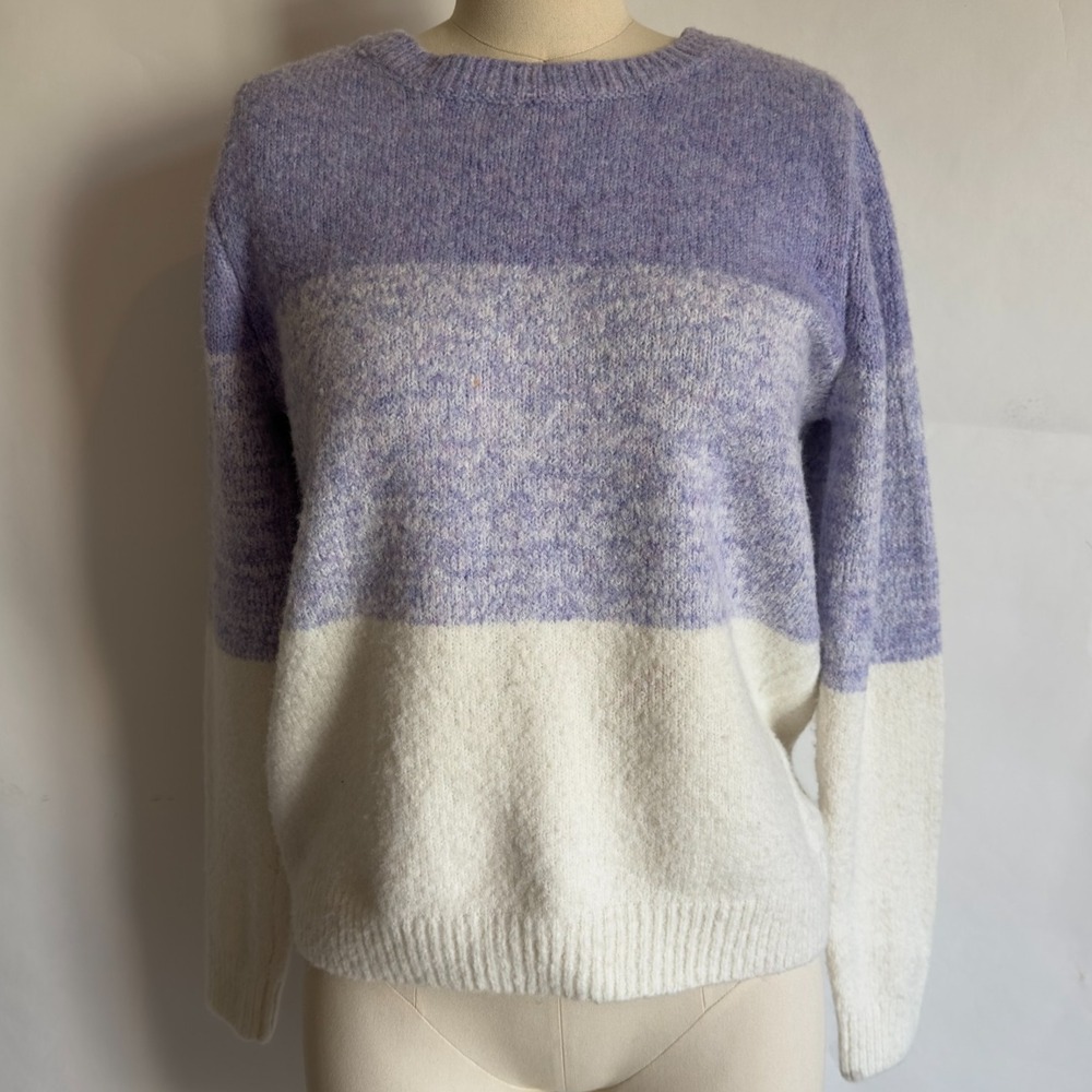 Cupcakes & Cashmere Soft Color Block Stripe Crewneck Sweater-Purple/Cream-Sze M